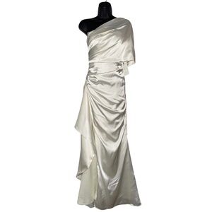 Bridal Satin One Shoulder Pearl Ivory White Wedding Gown Floor Length Dress NWT